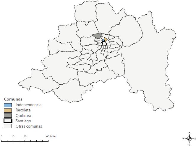 Chile: comunas de la Regi&oacute;n Metropolitana en las que se desarroll&oacute; el estudio