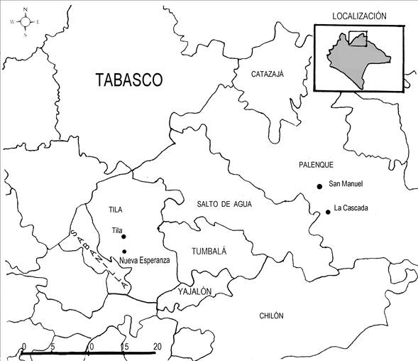 Municipios ch’oles del norte de Chiapas. Dibujo: Moisés Aguirre.