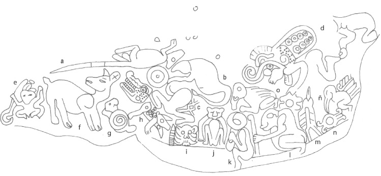 Dibujo esquem&aacute;tico de los motivos representados en la Escultura 2 de San Jer&oacute;nimo. C. Navarrete, 1963.