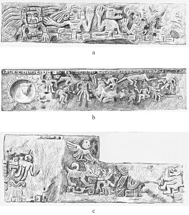 Tajumulco. Hombres y animales: a, Escultura I; b, Escultura 1, con el rostro de un personaje solar; c, Escultura 6. Dibujos de A. Tejeda, 1947.