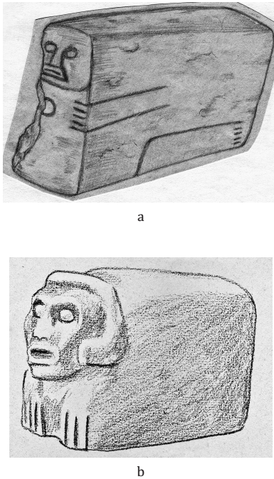 Personajes en posici&oacute;n de hinojos: a. Muxbal, Escultura 2;
									b. Tajumulco. Escultura Q.