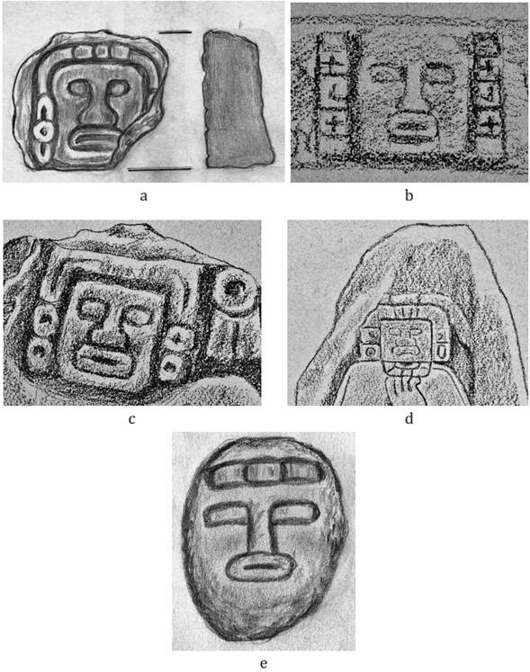 Rostros parecidos. El Manzano: a, fragmento de altar. Tajumulco: b, c y d, Esculturas 5, 13 y J. Chacul&aacute;: e, Monumento 2.