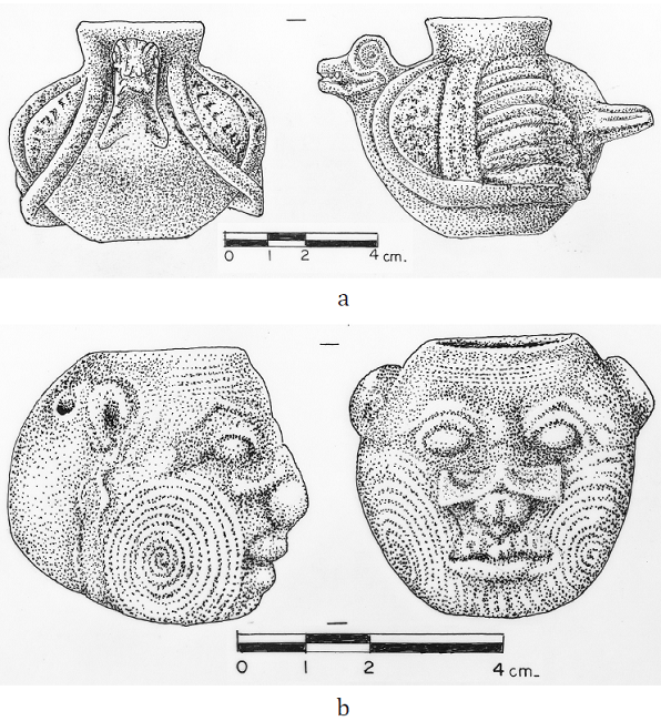 Vasijas tipo San Juan Plumbate procedentes de San Jer&oacute;nimo. Un ave y un rostro escarificado. Dibujos de Fernando Botas