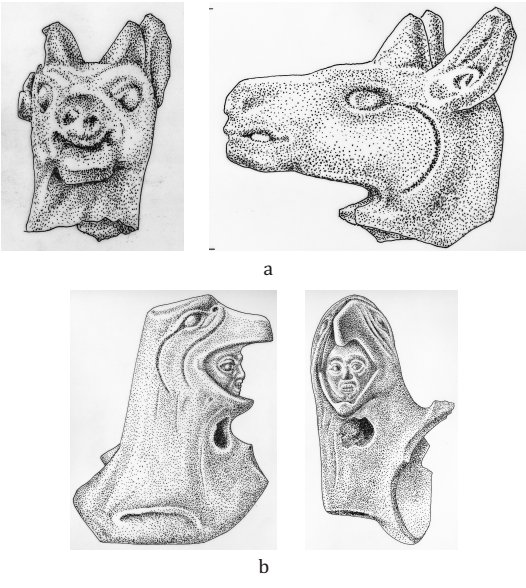 Cer&aacute;mica Tohil Plumbate. La Unidad: a, cabeza de venado. Cuatimoc: b, &ldquo;Caballero &aacute;guila&rdquo;.
