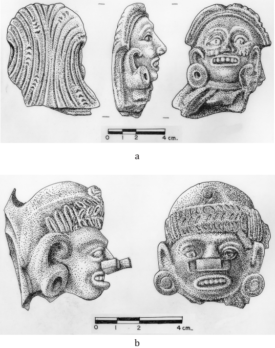 Fragmentos antropomorfos Tohil Plumbate: a. San Jer&oacute;nimo;
							b. Ignacio Zaragoza