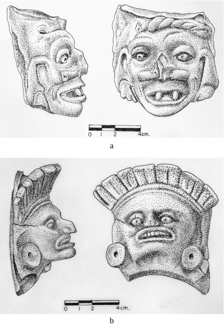 Fragmentos de vasijas Tohil Plumbate: a, Metapa; b, El Manzano. Dibujos de Fernando Botas.