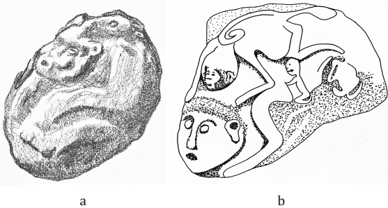 Tajumulco: a, Escultura L. El jaguar resaltado en una roca (Tejeda, 1947); b, Relieves de La Monta&ntilde;a (Stone y Ericastilla, 1998).
