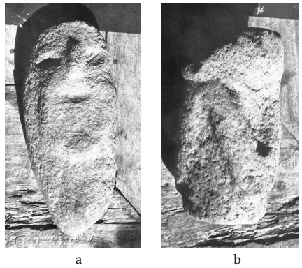 Cuatimoc: a, b, Esculturas 1 y 2. Esquematizaci&oacute;n de la figura humana.