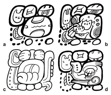 El glifo emblema de Baake&rsquo;l: a) forma geom&eacute;trica, Palenque, Templo 21, banqueta, F7 y b) forma de variante de cabeza, Palenque, Templo 21, banqueta, X1. El glifo emblema de Matwiil: c) forma geom&eacute;trica, Palenque, Templo de la Cruz Foliada, tablero central, C11 y d) forma de variante de cabeza, Palenque, Templo 19, banqueta, lado sur, N2. Dibujos de Christophe Helmke.