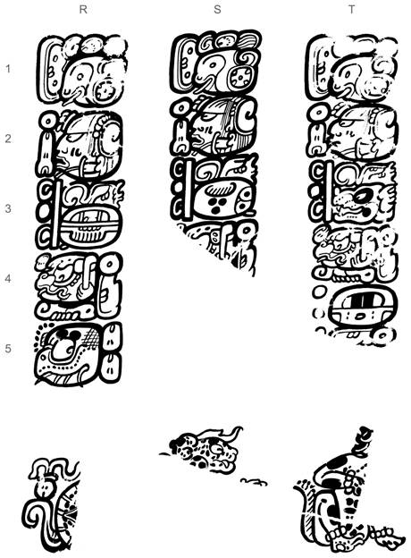 Los textos jerogl&iacute;ficos (arriba) con sus cargas asociadas (abajo) como se representan en la vasija de Cuychen. Dibujos de Christophe Helmke.