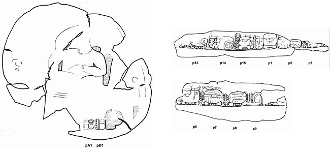 Altar de los Reyes, Altar 3, superficie e inscripci&oacute;n lateral. Dibujos de Nikolai Grube.