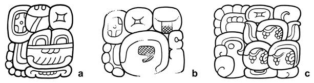Los glifos emblema de Yaxchil&aacute;n: a) Pa&rsquo;chan, forma tard&iacute;a, Yaxchil&aacute;n, Dintel 25, W2 (dibujo de Felix Kupprat) y b) &ldquo;Y2&rdquo;, detalle de la expresi&oacute;n jerogl&iacute;fica en el trono del Museo Amparo, Puebla (D3). El glifo emblema de Ceibal: c) Ceibal, EJ, Panel 9, E2. Dibujos de Christophe Helmke.