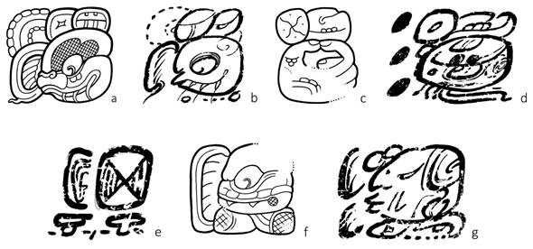 El glifo emblema de Kanu'l y top&oacute;nimos relacionados: a) el glifo emblema de la Cabeza de Serpiente, La Corona, Elemento 4, A2; b) el signo principal con complementaci&oacute;n fon&eacute;mica K'UH-ka-KAN-la-AJAW, K1344, I3; c) el top&oacute;nimo Chikunaahb, Dos Pilas, Panel 7, B6b; d) el top&oacute;nimo Uxte&rsquo;tuun, detalle de la vasija K1457, H1; e) representaci&oacute;n silabogr&aacute;fica ka-nu-la, K1901, R3; f) el logograma KAN con complementaci&oacute;n fon&eacute;mica ka-KAN-nu, Cop&aacute;n, Estela 13, E10, y g) el top&oacute;nimo Kana&rsquo;, K1457, G2. Dibujos de Christophe Helmke.