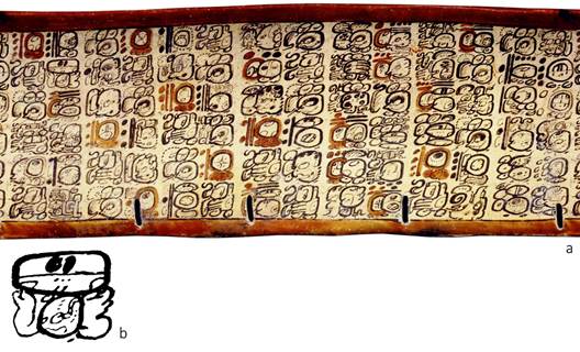 La m&aacute;s larga y completa de las listas din&aacute;sticas. a) Fotograf&iacute;a desplegada de la vasija estilo c&oacute;dice K6751 (fotograf&iacute;a de Justin Kerr). b) La secuencia empieza con el fundador din&aacute;stico &ldquo;Sostenedor del Cielo&rdquo;. Dibujo de Christophe Helmke.