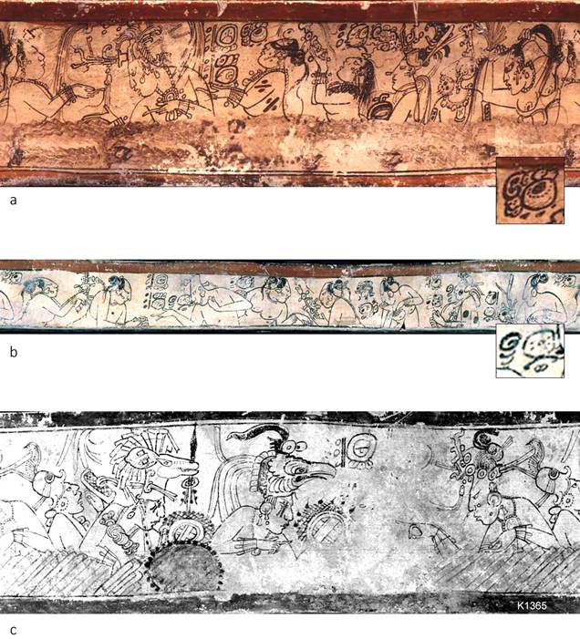La muerte del dios del ma&iacute;z: a) K6979 con la frase verbal och-ha&rsquo; ampliada, b) K1202 con la frase verbal och-bihil ampliada, c) escena de la confrontaci&oacute;n en K1365. Fotograf&iacute;as de Justin Kerr.