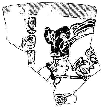 Detalle de una escena de la confrontaci&oacute;n representando la entrada a una cueva con el nombre Kanu'l. Fragmento de una vasija estilo c&oacute;dice, Calakmul, Estructura XX, Vasija 23/Fragmento 7. Dibujo de Christophe Helmke.