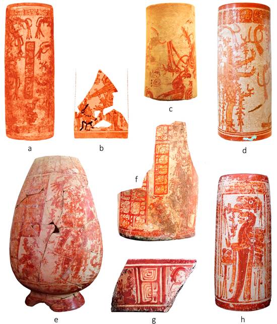 Ejemplos de los danzantes de Holmul en vasijas de procedencia arqueol&oacute;gica conocida: a) recuperada por Thomas Gann en una cueva cerca de Benque Viejo (Gann 1925: 72), b) Uaxactun (Smith 1955: Vol. 2, figura 2b); c) R&iacute;o Azul; d) Buenavista del Cayo; e) Baking Pot; f) Cuychen. Copias de vasijas de los danzantes de Holmul del tipo Cabrito Crema Policromo: g) Lower Dover (cortes&iacute;a de Jaime Awe) y h) Cahal Pech. Cuando no se especifica, fotograf&iacute;as de Christophe Helmke.