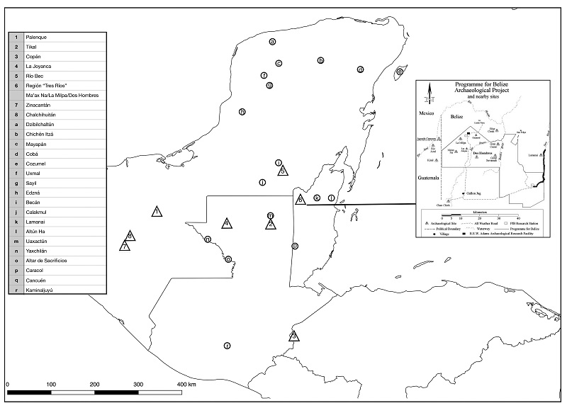 Área maya que indica la ubicación de los sitios mencionados en el texto (dibujo de Iván Miceli y Ricardo Torres). La inserción indica la región de Tres Ríos en Belice (cortesía de Fred Valdéz).