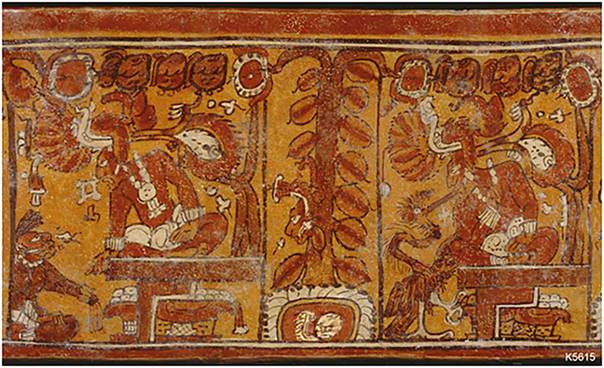 Vasija policromada del periodo Cl&aacute;sico con &aacute;rbol de cacao. N&uacute;mero de Cat&aacute;logo Kerr K5615.