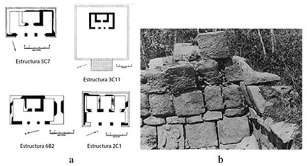 a: Plantas de edificios con santuario interior (seg&uacute;n Ruppert,1952); b: piedra decorada con adorno de jade en la Estructura 3C11 (Ruppert, 1952: Fig. 125c).