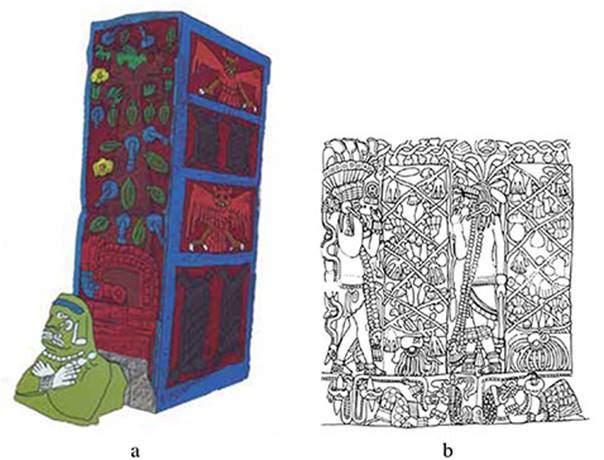a: Pilastra del Templo de los B&uacute;hos (Schmidt, 2007: 189); b: Pilastra del Templo Norte del Gran Juego de Pelota (dibujo de Linda Schele, en Schele y Mathews, 1998: Figura 64.9.f3).