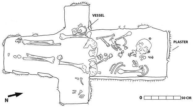 Plano del entierro central de la Estructura J7. Dibujo de la autora.
