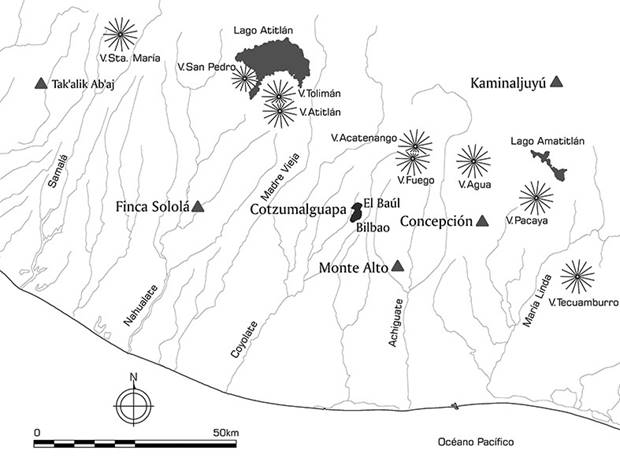 Mapa de la Costa Sur de Guatemala, con la localizaci&oacute;n de los sitios mencionados en el texto. Dibujo: Oswaldo Chinchilla.