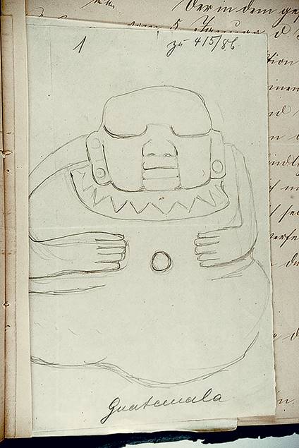 Dibujo del barrig&oacute;n, por el bar&oacute;n de Baye, adjunto a su segunda carta a Adolf Bastian (Anexo II). Fotograf&iacute;a: Oswaldo Chinchilla Mazariegos.