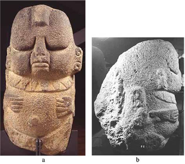 Barrig&oacute;n en el Museo Etnogr&aacute;fico de Berl&iacute;n, n&uacute;mero de cat&aacute;logo IV Ca 7197. Vista frontal y lateral. Fotograf&iacute;as: a) SMPK Museum f&uuml;r V&ouml;lkerkunde, Berl&iacute;n, cortes&iacute;a de Marie Gaida; b) Oswaldo Chinchilla Mazariegos.