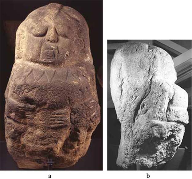 Barrig&oacute;n en el Museo Etnogr&aacute;fico de Berl&iacute;n, n&uacute;mero de cat&aacute;logo IV Ca 7196. Vista frontal y lateral. Fotograf&iacute;as: a) SMPK Museum f&uuml;r V&ouml;lkerkunde, Berl&iacute;n, cortes&iacute;a de Marie Gaida; b) Oswaldo Chinchilla Mazariegos.