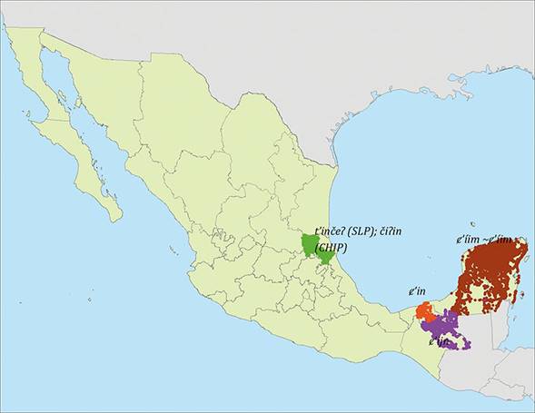 Distribución de los términos para 'yuca' entre ch'oles, chontales, yucatecos y huastecos. Mapa: Oscar Zamora.