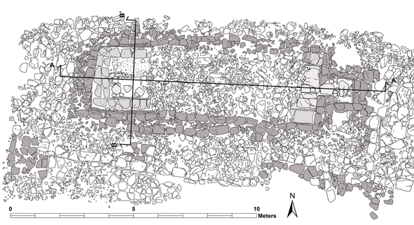 Plano del ba&ntilde;o de vapor de El Higo; en tonos de grises las estructuras del Cl&aacute;sico Tard&iacute;o.