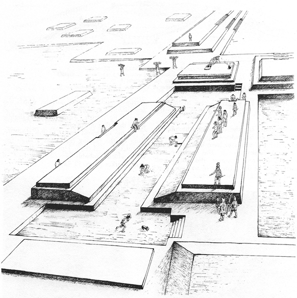 Imagen reconstructiva del juego de pelota de San Antonio con el ba&ntilde;o de vapor en su cabecera (seg&uacute;n Agrinier, 1969: 9).