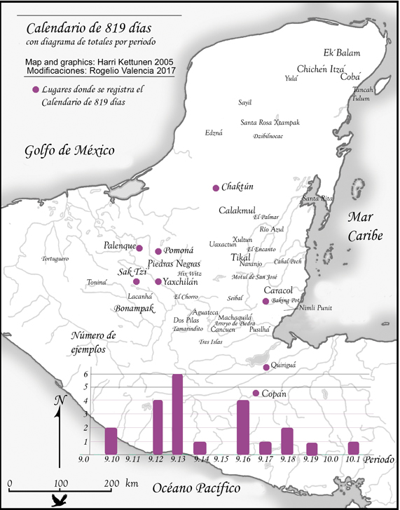 Mapa que indica los lugares donde se incluy&oacute; el calendario de 819 d&iacute;as. Se muestra tambi&eacute;n un gr&aacute;fico con la distribuci&oacute;n temporal de dichas inscripciones (mapa realizado por Harri Kettunen y modificado por Rogelio Valencia).