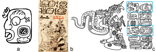 Im&aacute;genes de Wuk Sip. a) Detalle del Dintel 1 de Yaxchil&aacute;n donde aparece la combinaci&oacute;n del logograma SIP y T1001 en la mejilla del Dios de los animales (dibujo de Ian Graham). b) C&oacute;dice de Dresde, p&aacute;gina 13c (Lee, 1985); b) Concha Perlman, en los recuadros aparece el nombre de la deidad, en el primero como poseedor de la concha (dibujo Simon Martin).