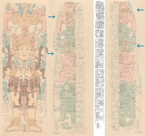 a) Estela B de Cop&aacute;n, las flechas marcan la posici&oacute;n de K&rsquo;ahk&rsquo; Sip T209 K&rsquo;awiil (Maudslay, 1974: L&aacute;ms. 34 y 37, dibujo Annie Hunter. Dibujo del texto Barbara Fash).