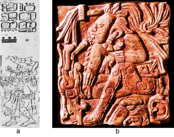 a) C&oacute;dice de Dresde, p&aacute;g. 44a. b) Vasija K3367, mezcla iconogr&aacute;fica del dios del ma&iacute;z y K&rsquo;awiil, en la que el dios del ma&iacute;z aparece con el pie de serpiente de K&rsquo;awiil (fotograf&iacute;a de Justin Kerr).