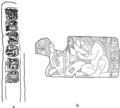 a) Detalle del Escal&oacute;n Papagayo, Cop&aacute;n; b) Monumento 83, Tonin&aacute;; Dibujos: a) Linda Schele, tomado de http://research.famsi.org/uploads/schele/hires/04/IMG0030.jpg; b) Hugo Garc&iacute;a Capistr&aacute;n, a partir de Graham y Mathews, 1996.