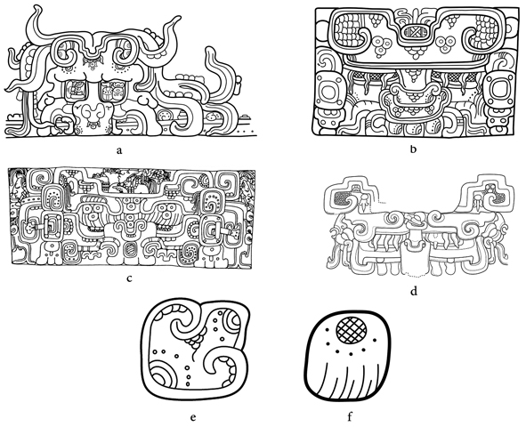 Im&aacute;genes de mascarones witz y logogramas WITZ y HA&rsquo;. a) Tablero de la Cruz Foliada de Palenque, a partir de un dibujo de Merle Green Robertson, tomado de Stuart y Stuart, 2008 (b) Vasija del Cl&aacute;sico Temprano, a partir del dibujo de Stuart y Houston, 1994; c) Estela 1 de Bonampak, tomado de Miller y Brittenham, 2013; d) Friso de Balamk&uacute;, tomado de Salazar, 2014; e) Logograma WITZ; f) Logograma HA&rsquo;. Dibujos a, b, e y f: Hugo Garc&iacute;a Capistr&aacute;n; c: Peter Mathews; d: Daniel Salazar Lama.
