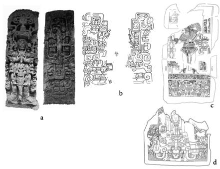 Im&aacute;genes de gobernantes sobre mascarones witz. a) Estela B, Cop&aacute;n; b) Estela 2, Tres Islas; c) Estela 1, Bonampak; d) Monumento 106, Tonin&aacute;. Fotograf&iacute;as de Hugo Garc&iacute;a Capistr&aacute;n; dibujos, b: Hugo Garc&iacute;a Capistr&aacute;n, a partir de fotograf&iacute;as de Felix Kupprat y dibujo de campo de Ian Graham, tomado de Baudez, 1998; c: Hugo Garc&iacute;a Capistr&aacute;n a partir de Graham y Mathews, 1999.