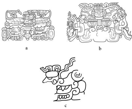 Mascarones witz con jerogl&iacute;fico nominal. a) Detalle de la Estela 6, Caracol; dibujo de Hugo Garc&iacute;a Capistr&aacute;n, a partir de Beetz y Satterthwaite, 1981; b) Detalle de la Estela 8, El Per&uacute;; tomado de Houston, Stuart y Taube, 2006; c) Detalle de la Estela 18, Tikal, dibujo de Hugo Garc&iacute;a Capistr&aacute;n.