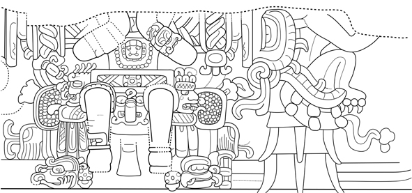 Personaje central del friso del Edificio Pimiento, Acr&oacute;polis Los &Aacute;rboles, Xult&uacute;n. Dibujo de Daniel Salazar Lama, basado en dibujo previo de Heather Hurst, tomado de Saturno, Hurst y Rossi, 2012, figs. 5.1.11 y 5.1.12.