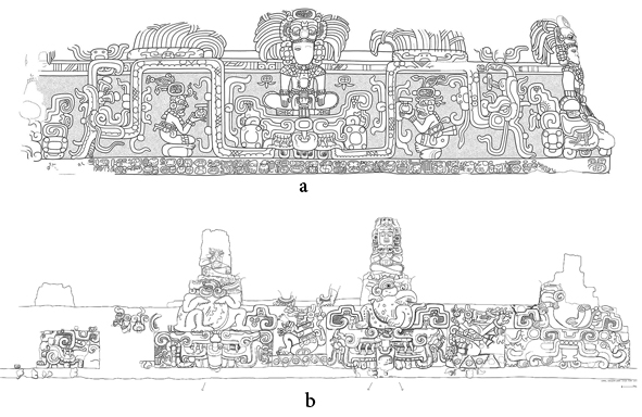 a) Friso de Holmul; b) Friso de Balamk&uacute;. Dibujos: a) Alexandre Tokovinine; tomado de Estrada-Belli y Tokovinine, 2016 b) Daniel Salazar Lama, tomado de Salazar, 2014.