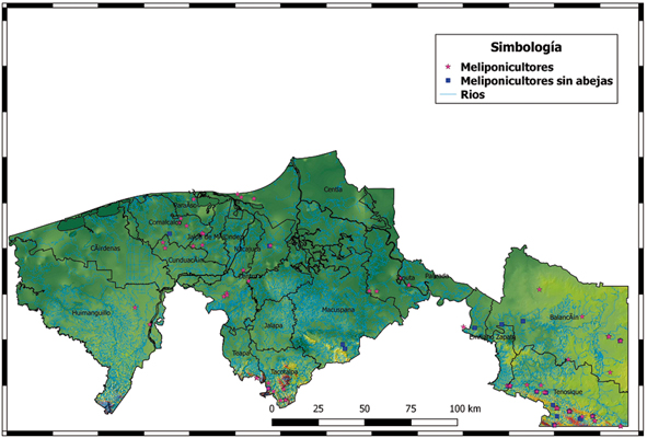Ubicaci&oacute;n de los meliponicultores en la zona de estudio (elaborado por Guelmy Chan y Zitlali Solano, El Colegio de la Frontera Sur, Unidad Villahermosa).