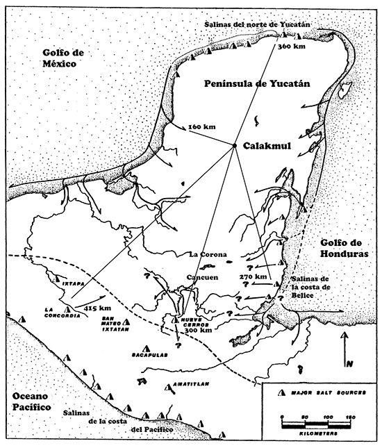 Mapa que muestra la localización de los principales sitios productores de sal de la región maya, indicando la distancia a la la ciudad de Calakmul 