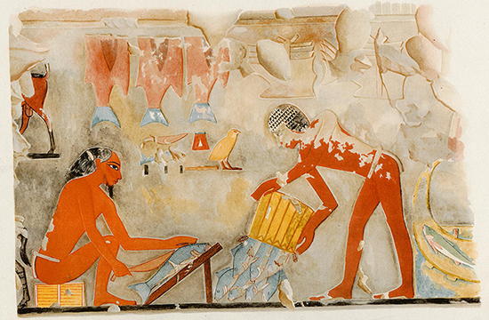 Ilustración de la conservación de pescados con sal en el mural de la tumba de Puy-em-rê, segundo sacerdote de Amún, Egipto, 1450 a.C.