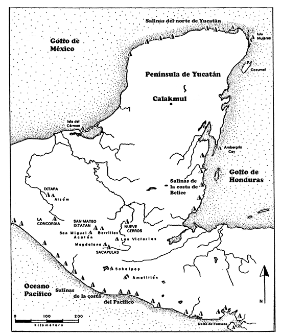Mapa que muestra la localización de las principales áreas de explotación salinera de la península de Yucatán.