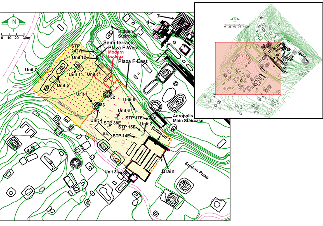 Plan map of the monumental zone of Tenam Puente, including the locations of excavated STPs (red) and test pits (blue) from the 2019 field season.