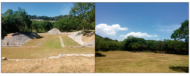 Left: Ballcourt 1. Right: Plaza F-East in its final form, looking west from the northwest corner of Ballcourt 1. A fallen stela is visible in the center of Plaza F-East.