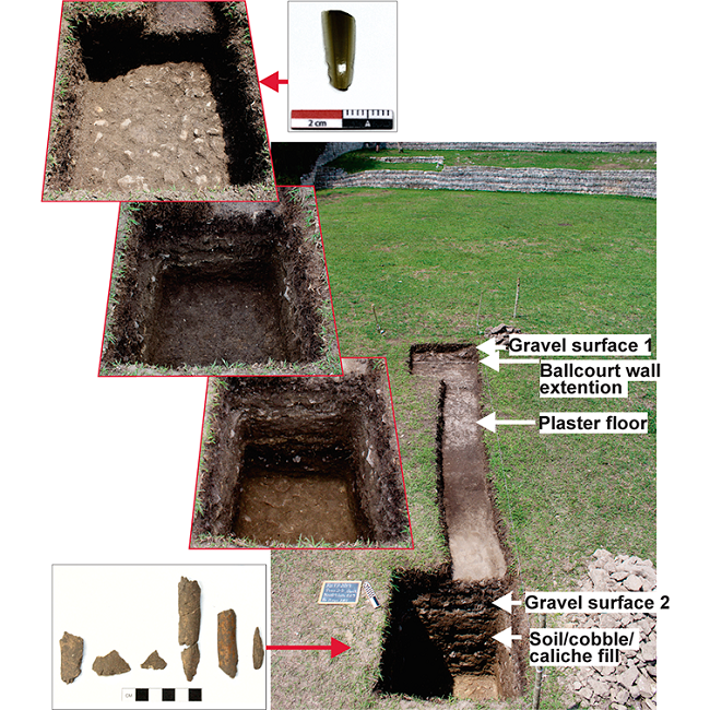 Excavated levels of Unit 2D in Plaza F-East, showing plaza construction phases, together with selected artifacts of green obsidian and faunal bone from the deposits.